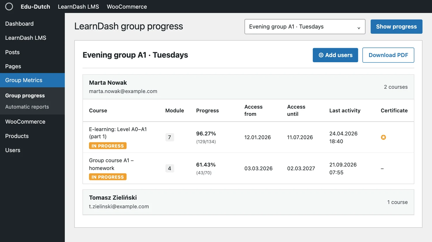A WordPress admin screen, LearnDash group progress: one group selected, buttons to add users and download a PDF, and each student’s courses with module, progress, access dates, last activity and certificate.