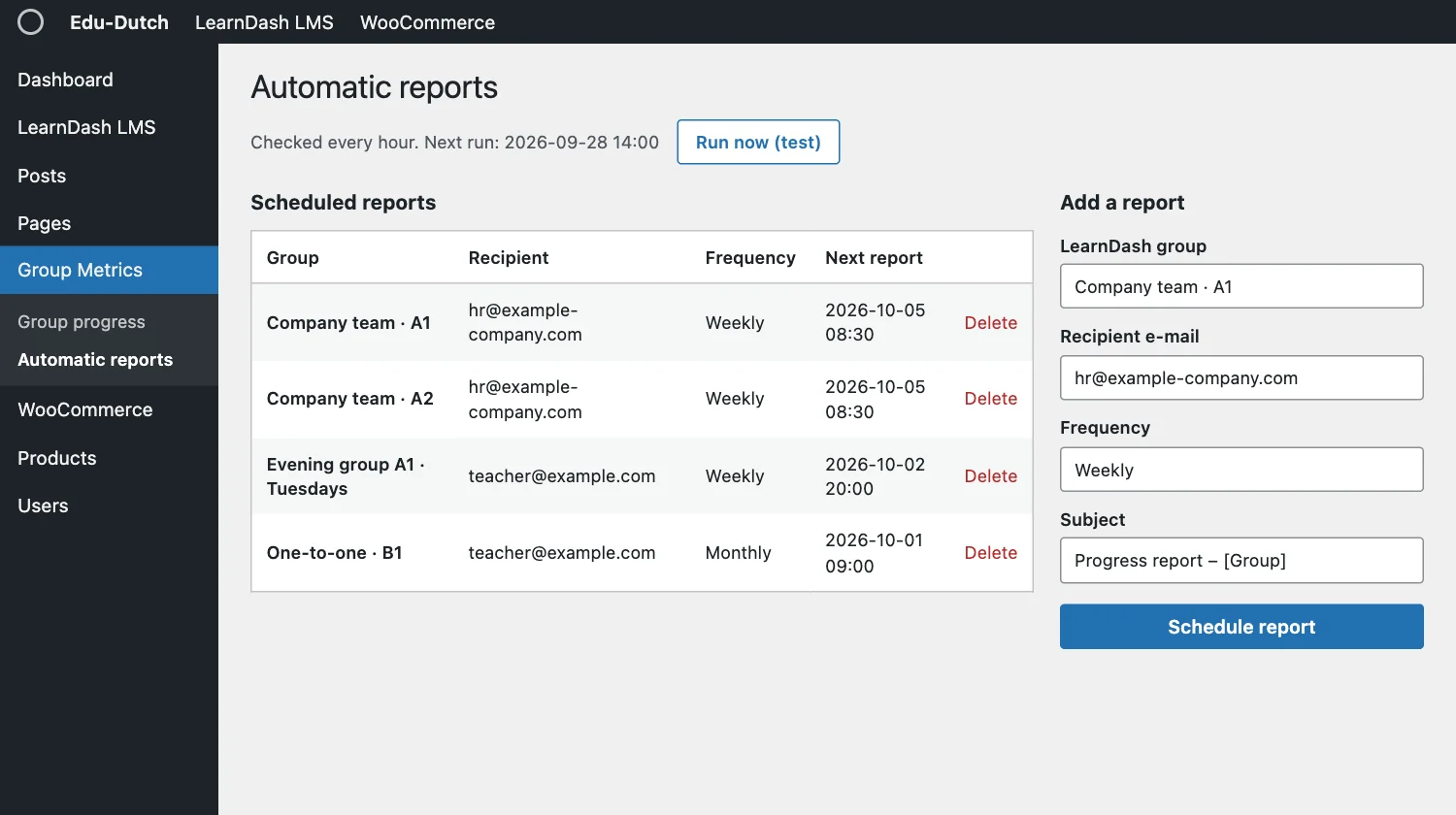 The Automatic reports screen: a list of scheduled reports with group, recipient, frequency and next date, and a form to add a report for a group and recipient.