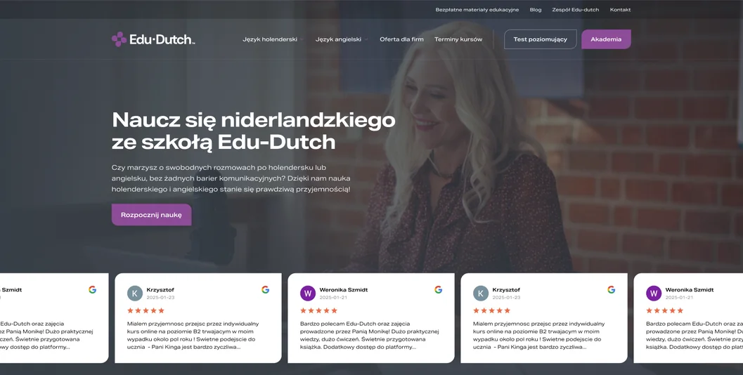 The same homepage with the new Edu-Dutch logo, purple accents and updated typography.
