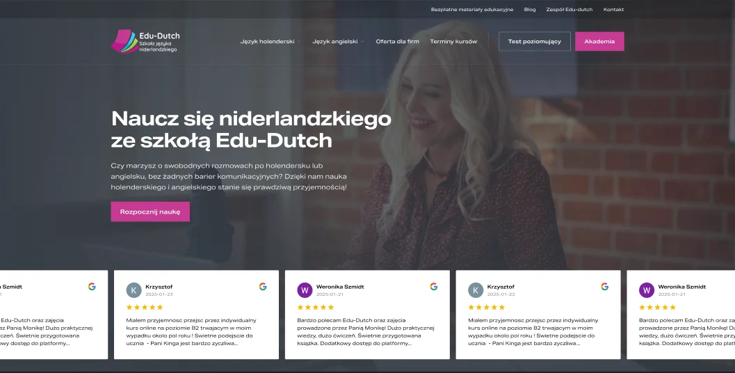 The Polish Edu-Dutch homepage with the previous logo and pink buttons.