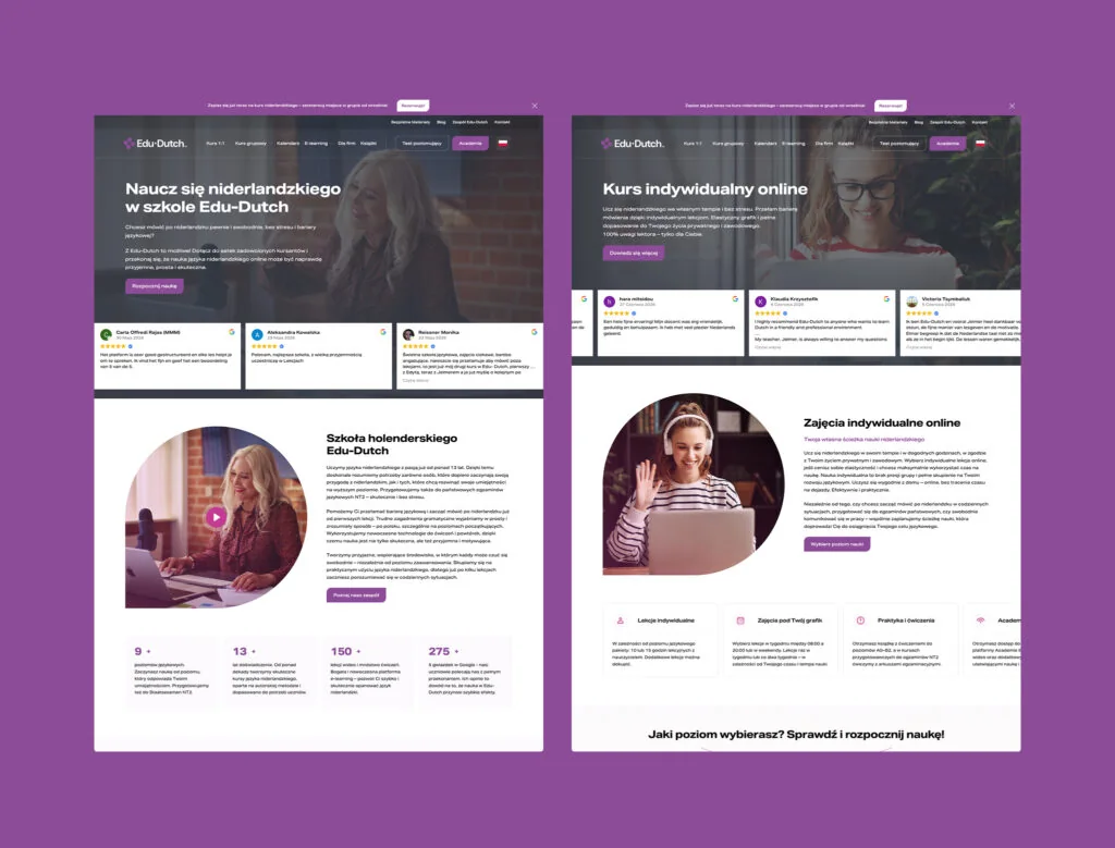 Two pages of the Polish Edu-Dutch website on a purple background: the homepage with student reviews and the one-to-one online course page.