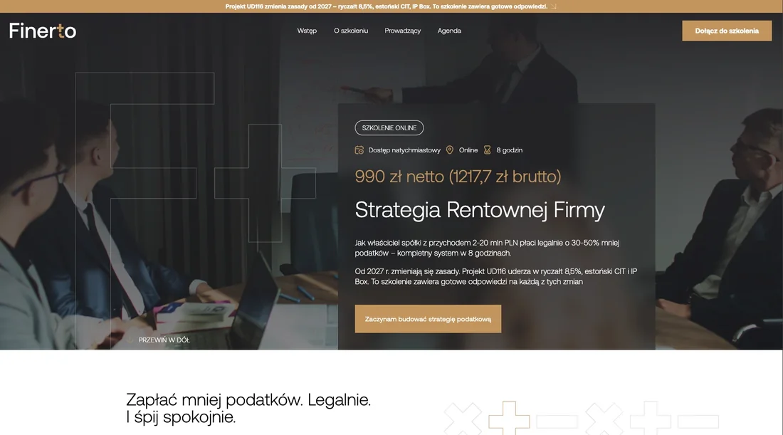 A Finerto training page with the course name, price, format and a button to join.