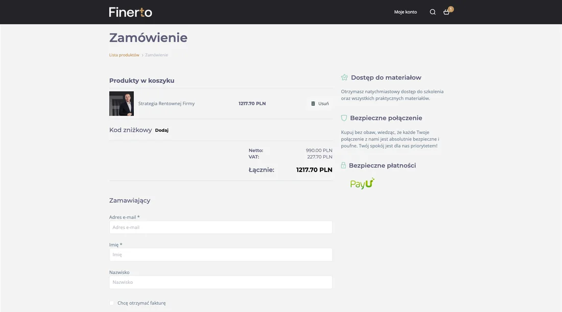The order page on Finerto’s branded training platform, with the course in the basket, the price with VAT and the buyer’s details form.