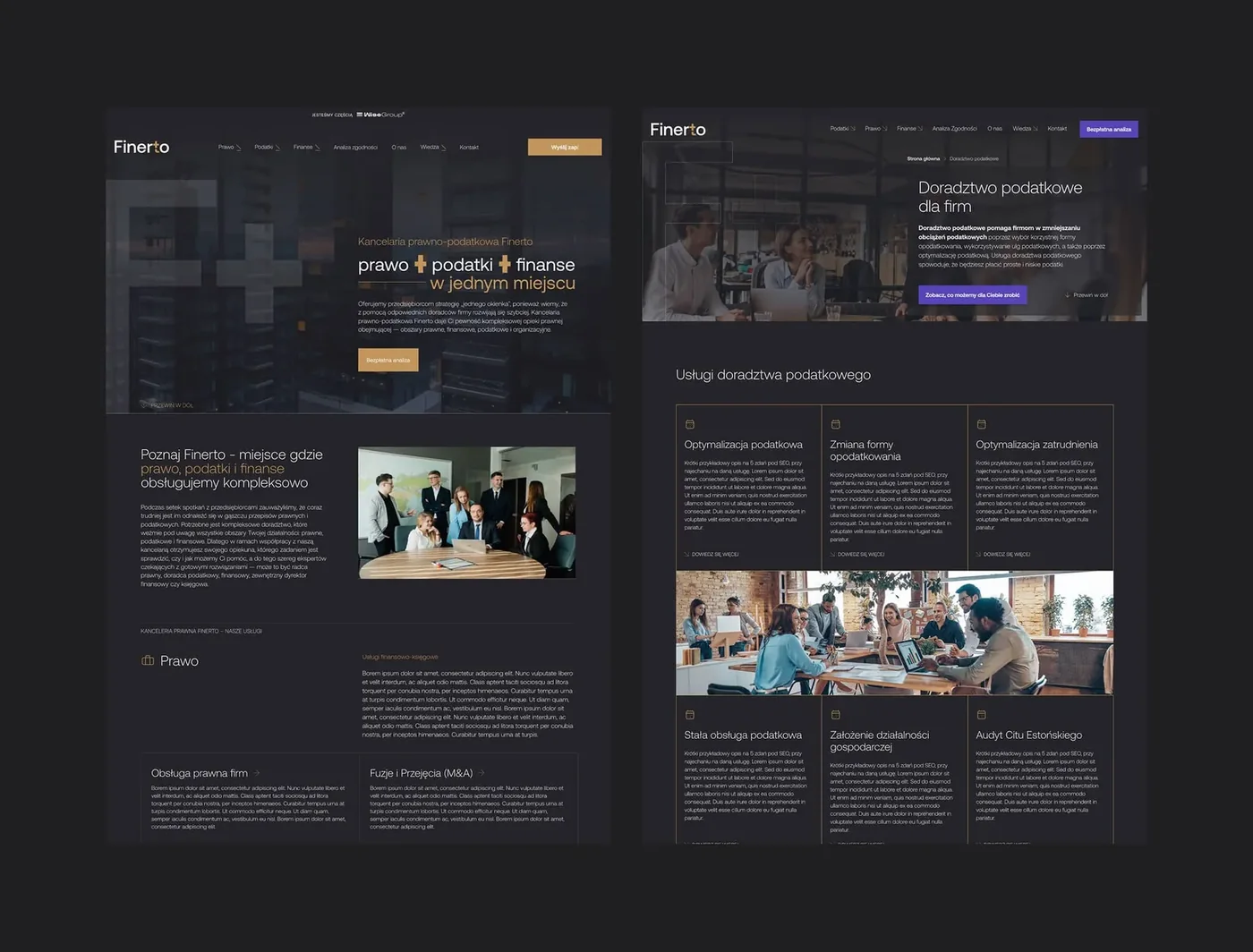 Two pages of the Finerto website on a dark background: the homepage and the tax advisory services page.