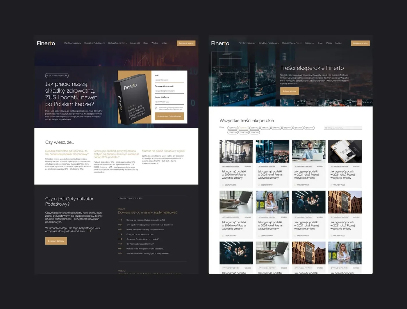 A Finerto course landing page with a sign-up form, next to the expert content listing with article cards.